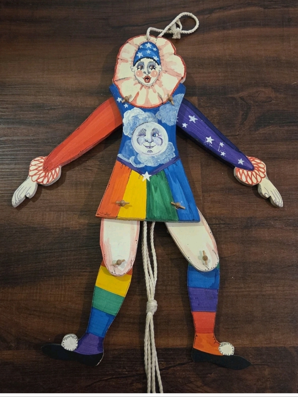 Vintage 1985 Wood Hand Painted Signed Terrie Floyd Harlequin Jumping Jack Puppet